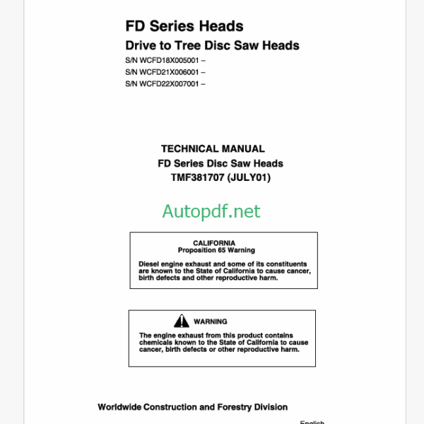 John Deere FD Series Heads Drive to Tree Disc Saw Heads Technical Manual (TMF381707)