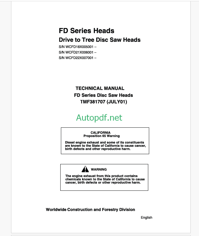 John Deere FD Series Heads Drive to Tree Disc Saw Heads Technical Manual (TMF381707)