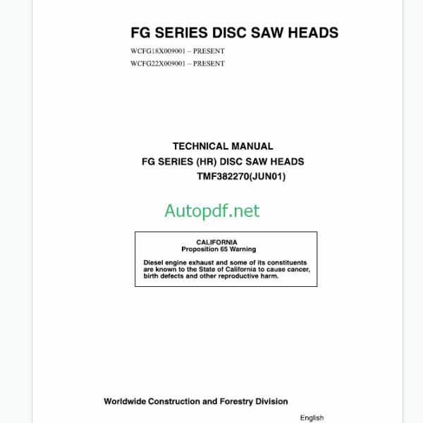 John Deere FG Series Disc Saw Heads Technical Manual (TMF382270)