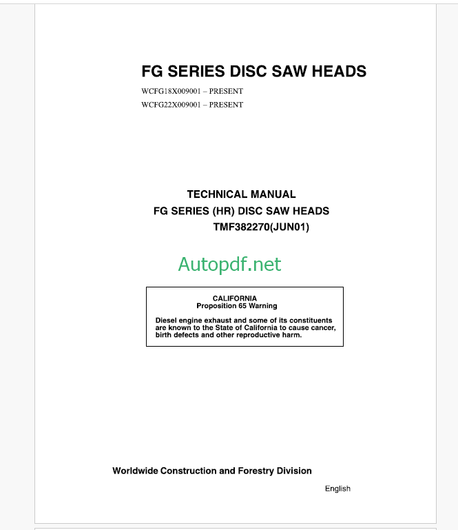 John Deere FG Series Disc Saw Heads Technical Manual (TMF382270)