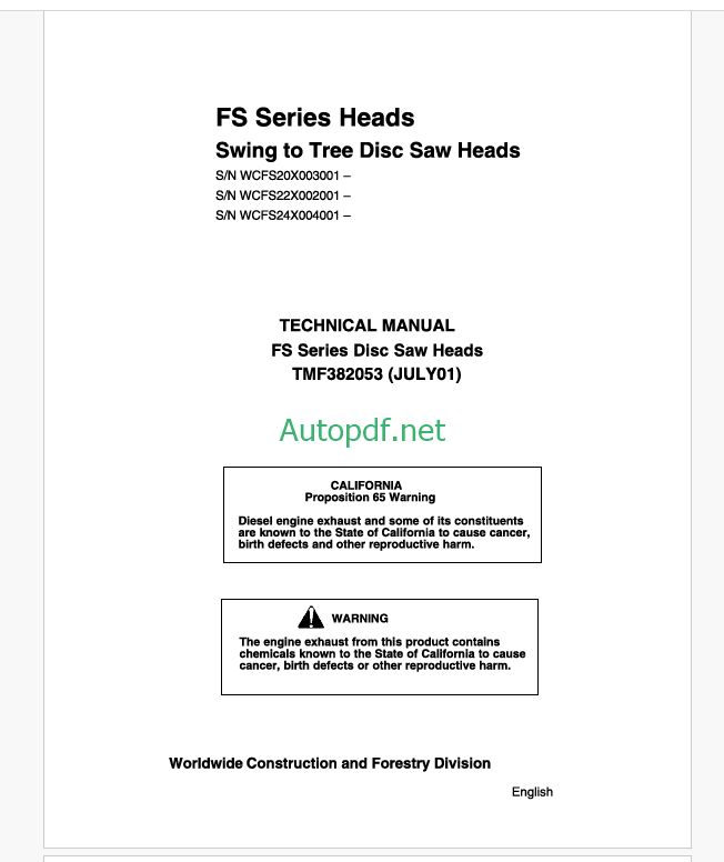 John Deere FS Series Heads Swing to Tree Disc Saw Heads Technical Manual (TMF382053)
