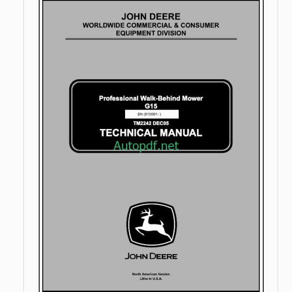 John Deere G15 Professional Walk-Behind Mower Technical Manual (TM2242)