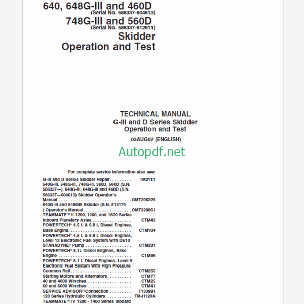 John Deere G-III and D Series Skidder Operation and Test TECHNICAL MANUAL