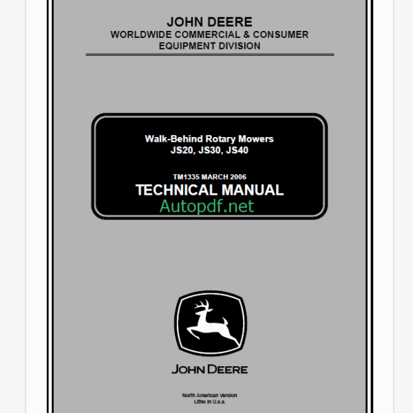 John Deere JS20 JS30 JS40 Walk-Behind Rotary Mowers Technical Manual (TM1335)