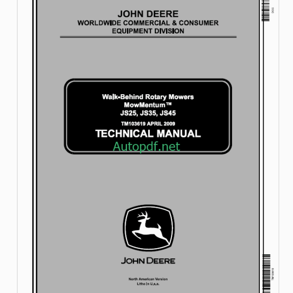 John Deere JS25, JS35, JS45 Walk-Behind Rotary Mowers MowMentumTM Technical Manual (TM103619)