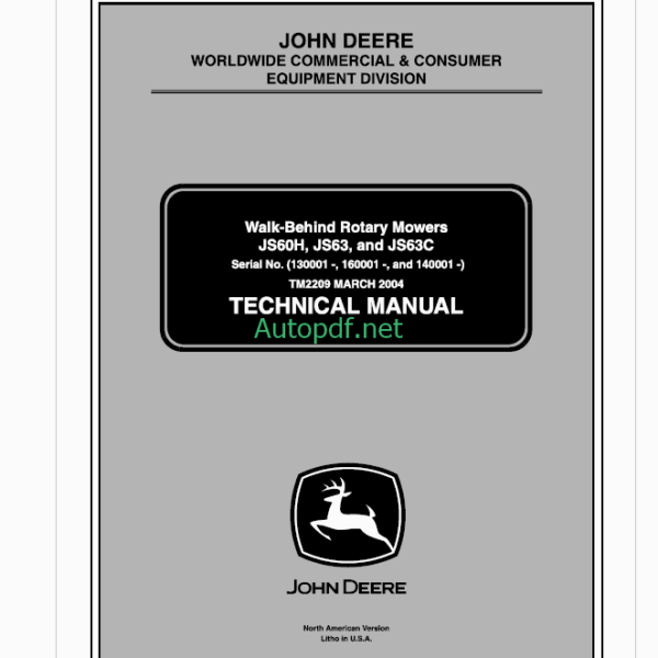John Deere JS60H, JS63, and JS63C Walk-Behind Rotary Mowers Technical Manual (TM2209)