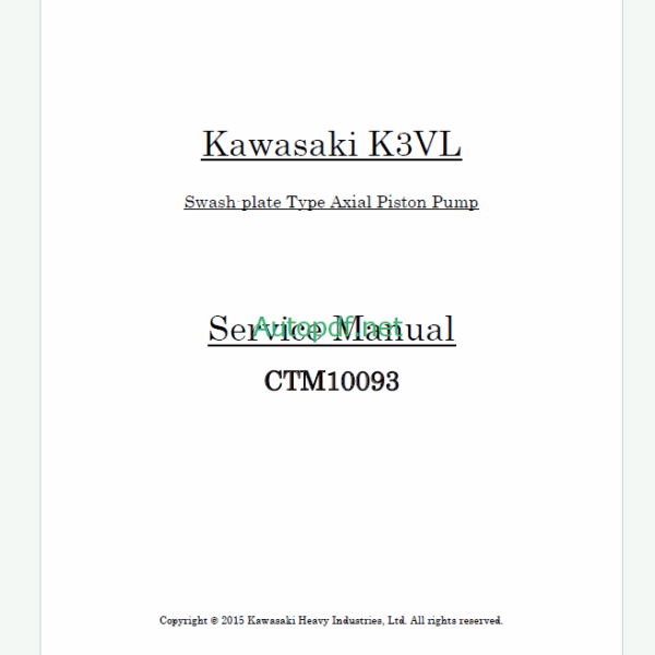 John Deere Kawasaki K3VL Swash plate Type Axial Piston Pump Service Manual (CTM10093)