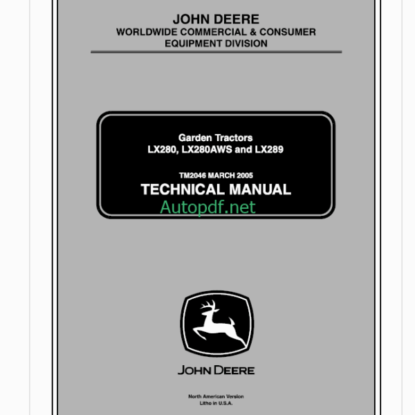 John Deere LX280, LX280AWS and LX289 Garden Tractors Technical Manual (TM2046)