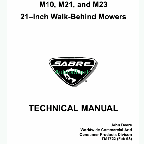 John Deere M10 M21 and M23 21inch Walk-Behind Mowers Technical Manual (TM1722)
