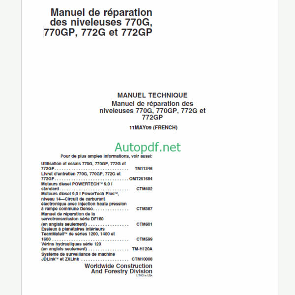 JOHN DEERE Manuel de re´paration des niveleuses 770G, 770GP, 772G et 772GP (French)