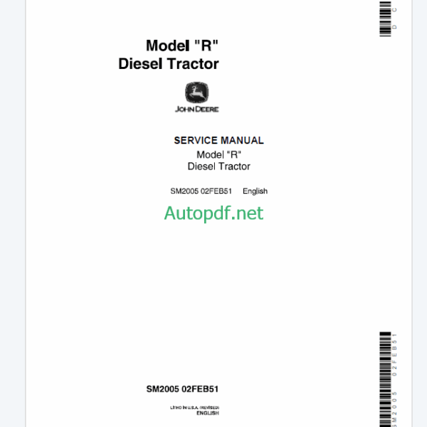 John Deere Model R Diesel Tractor Service Manual (SM2005)