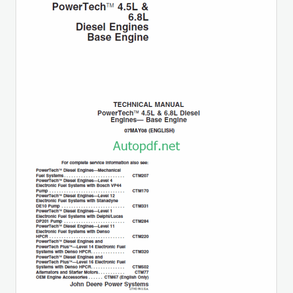 John Deere PowerTech 4.5L & 6.8L Diesel Engines Base Engine Technical Manual (CTM104)