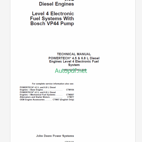 John Deere PowerTech 4.5L & 6.8L Diesel Engines Base Engine Technical Manual (CTM104)