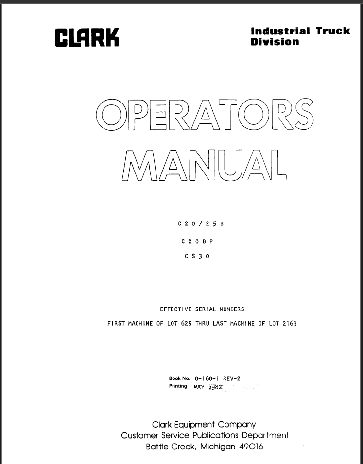 Clark C20, C25B, C20BP, CS30 Forklift Operators Manual (O-160-1)