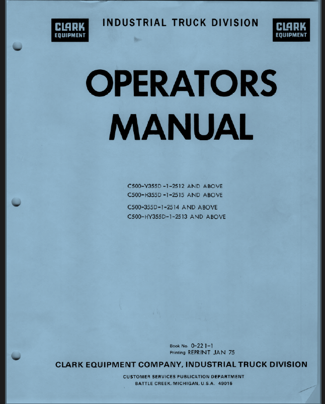 Clark C500-Y355D, C500-H355D, C500-355D, C500-HY355D Forklift Operators Manual (O-221)