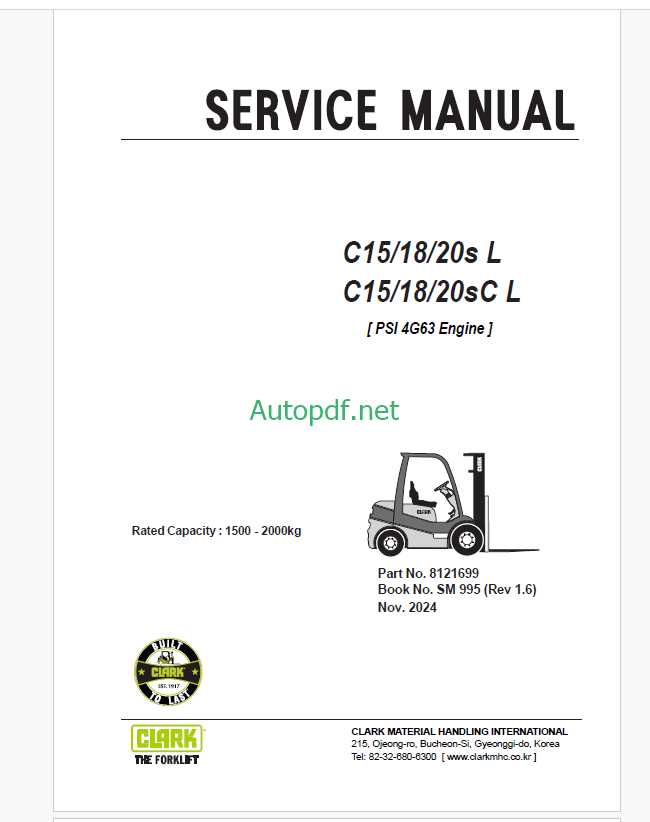 Clark C15, C17, C20s L and C15, C17, C20sC L PSI 4G63 Engine Forklift Service Manual (SM995)