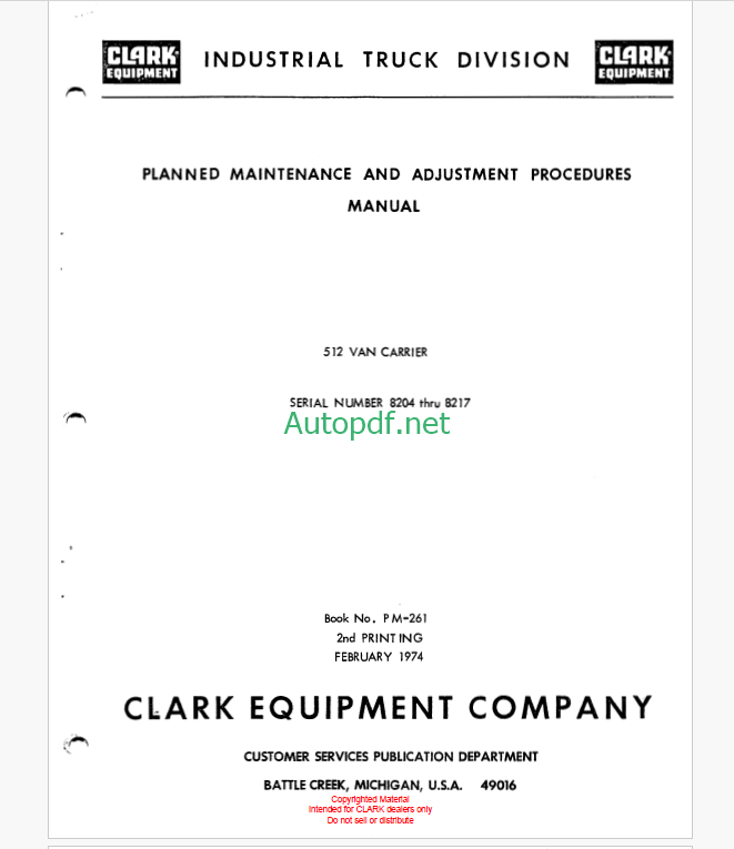 Clark 512 Van Carrier Planned Maintenance and Adjustment Procedures Manual (PM261)