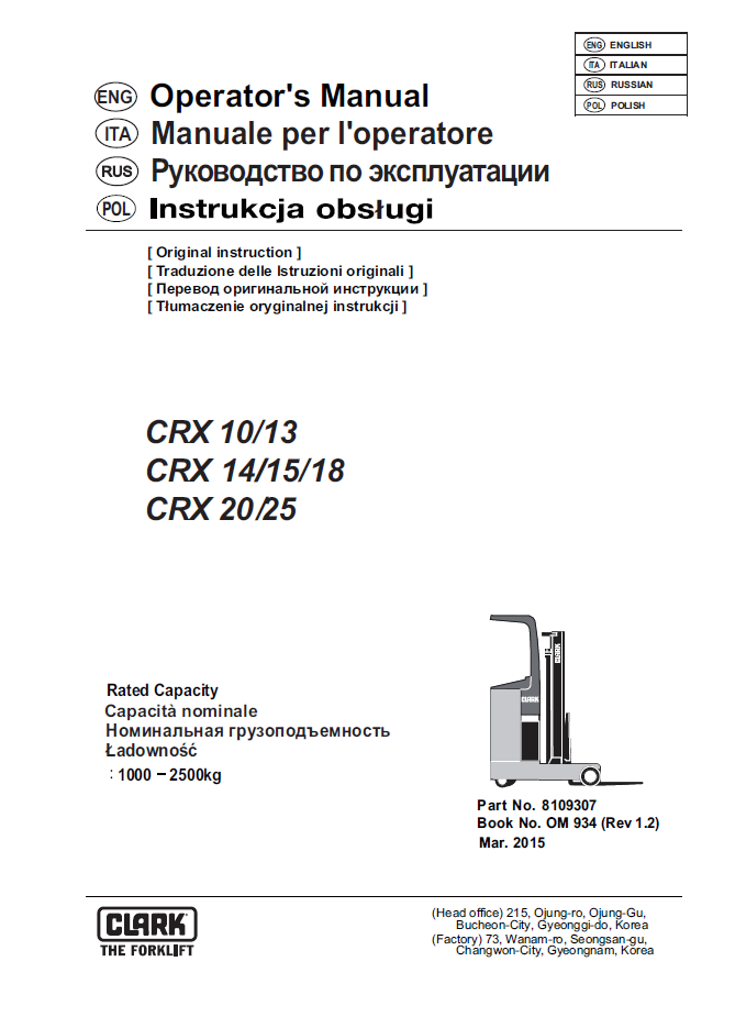Clark CRX10, CRX13, CRX14, CRX15, CRX18, CRX20, CRX25 Forklift Operators Manual (OM-934)