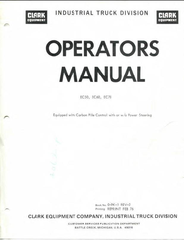 Clark EC50, EC60, EC70 Forklift Operators Manual (O-9K-1)