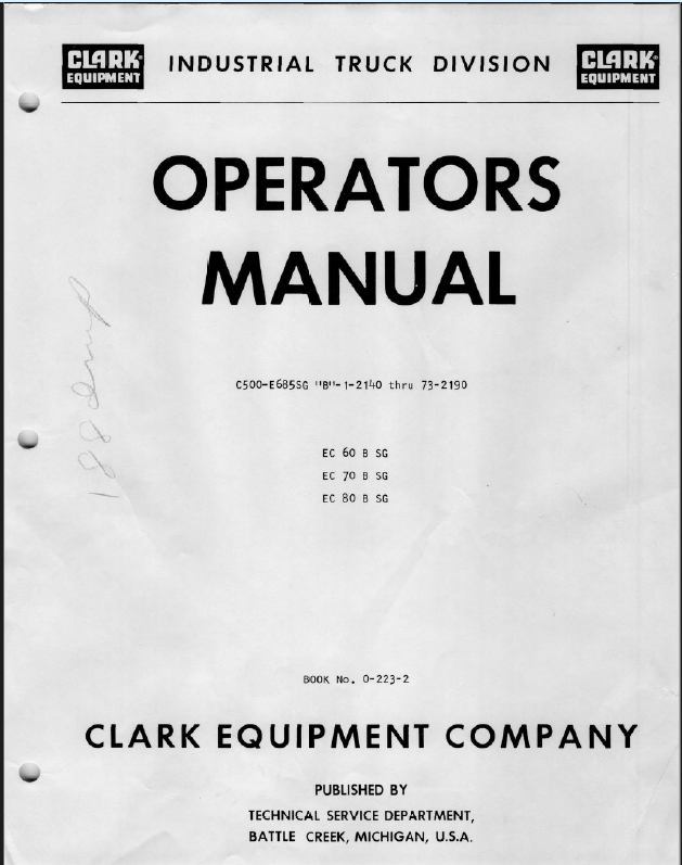 Clark EC60B SG, EC70B SG, EC80B SG Forklift Operators Manual (O-223)