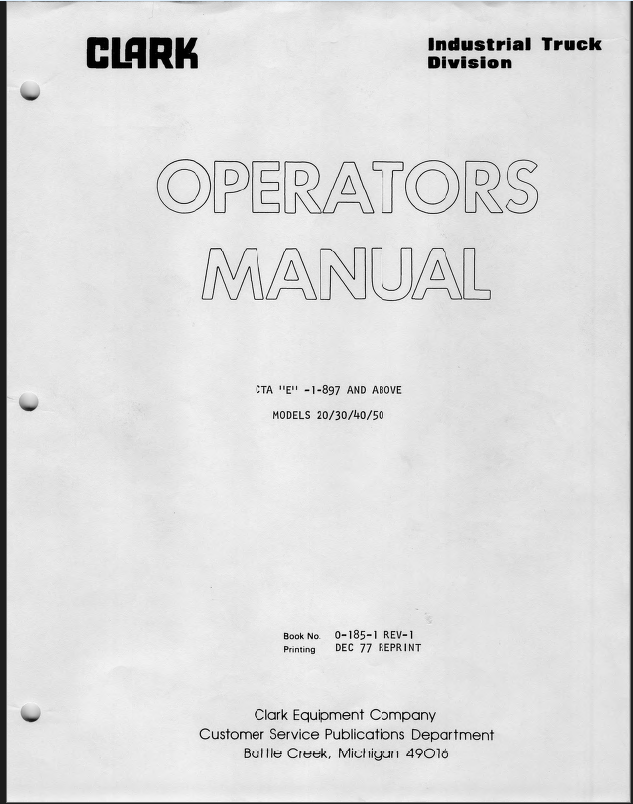 Clark Models 20, 30, 40, 50 CTA E Forklift Operators Manual (O-185)