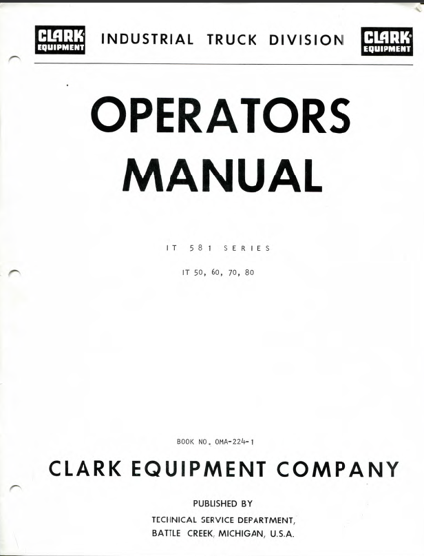 Clark IT50, IT60, IT70, IT80 Forklift Operators Manual (OMA-224)
