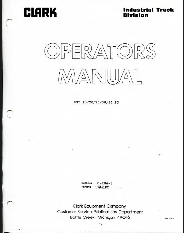 Clark NST15, NST20, NST25, NST30, NST40 SG Forklift Operators Manual (O-286-1)