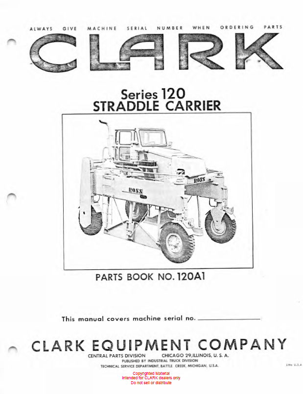 Clark Series 120 Straddle Carrier Parts Manual (X120A1)