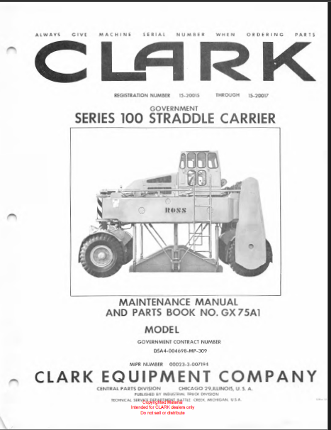 Clark Series 100 Straddle Carrier Parts Manual (GX75A1)