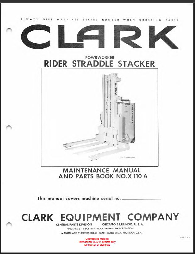 Clark Rider Straddle Stacker Parts Manual (X110A)