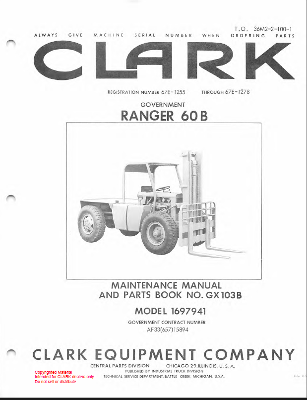 Clark Ranger 60B Forklift Parts Manual (GX103B)