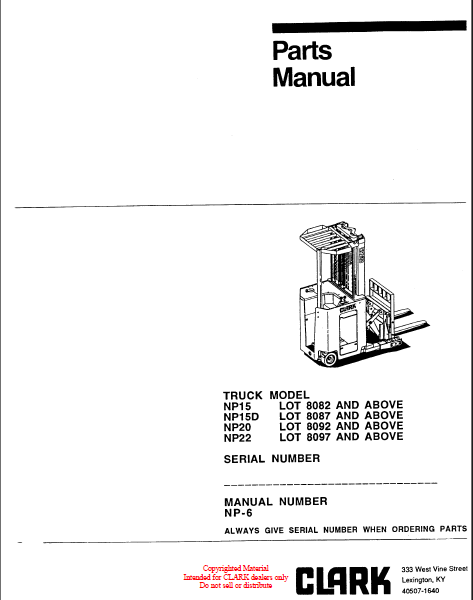Clark NP15, NP15D, NP20, NP22 Forklift Parts Manual (NP-6)