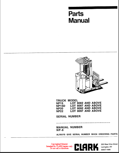 Clark NP15, NP15D, NP20, NP22 Forklift Parts Manual (NP-6)