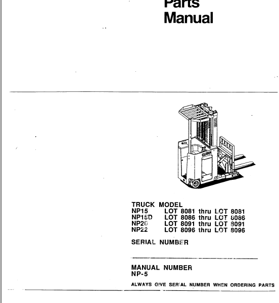 Clark NP15, NP15D, NP20, NP22 Reach Truck Parts Manual (NP-5)