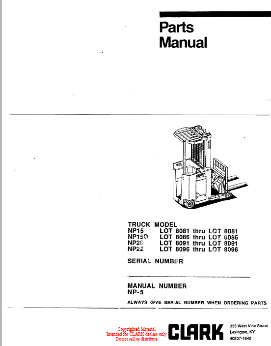 Clark NP15, NP15D, NP20, NP22 Reach Truck Parts Manual (NP-5)