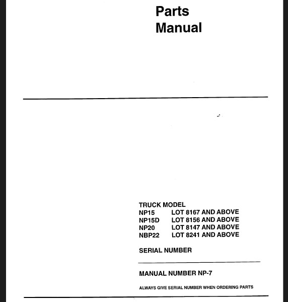 Clark NP15, NP15D, NP20, NBP22 Reach Truck Parts Manual (NP-7)