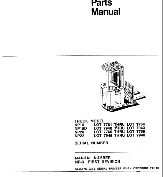 Clark NP15, NP15D, NP20, NBP22 Reach Truck Parts Manual (NP-7)