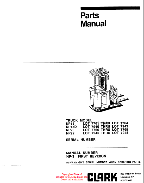 Clark NP15, NP15D, NP20, NBP22 Reach Truck Parts Manual (NP-7)