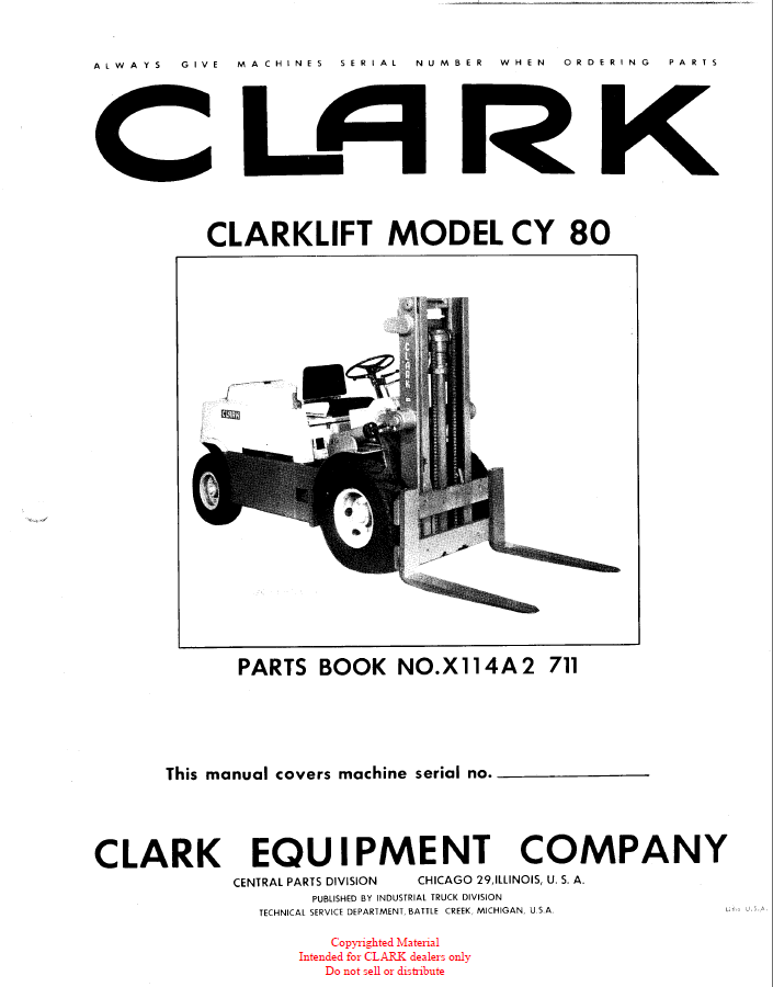 Clark Model CY80 Forklift Parts Manual (X114A2)