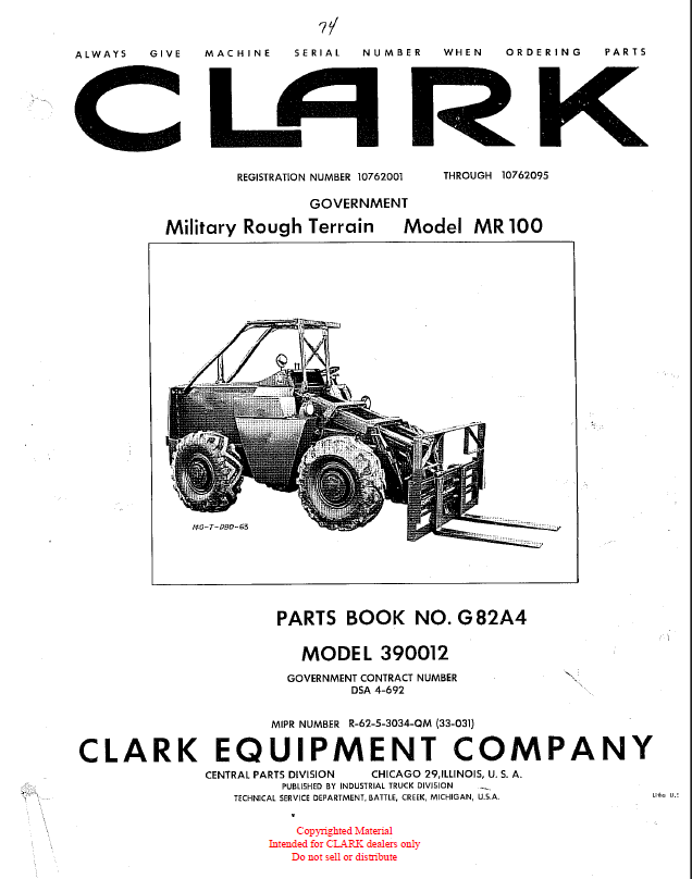 Clark Model MR100 Military Rough Terrain Parts Manual (G82A4)