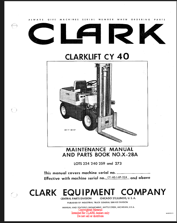 Clark Clarklift CY40 Forklift Parts Manual (X28A)