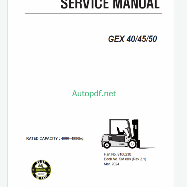 Clark GEX40, GEX45, GEX50 Forklift Service Manual (SM889)