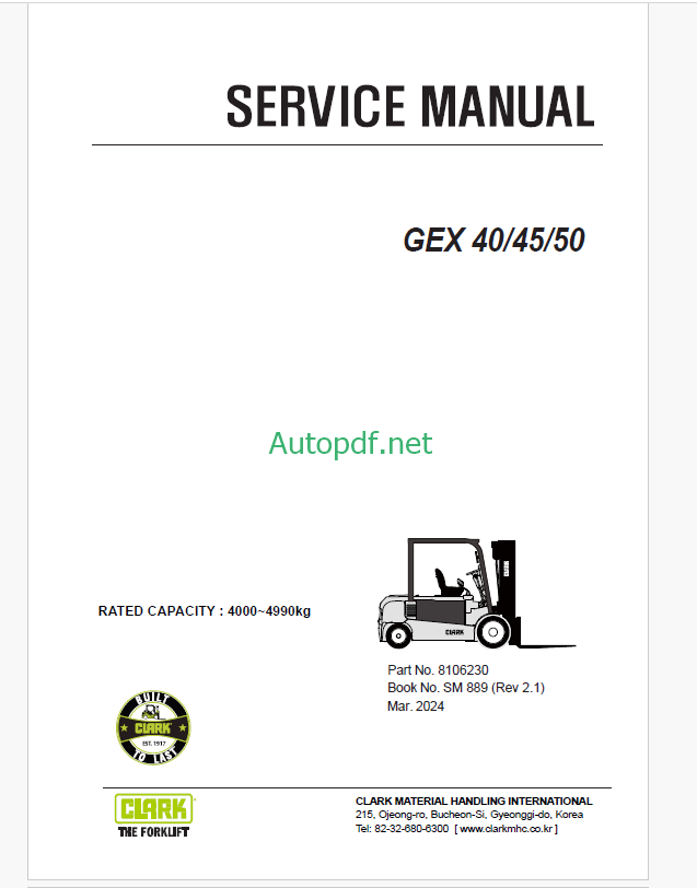Clark GEX40, GEX45, GEX50 Forklift Service Manual (SM889)