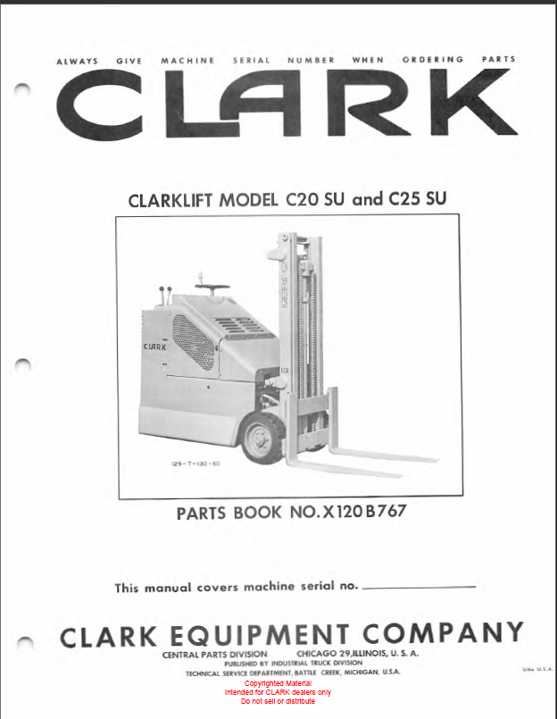 Clark Clarklift Model C20 SU, C25 SU Forklift Parts Manual (X120B)