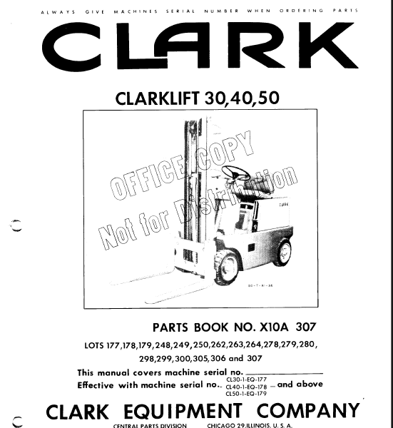 Clark Clarklift 30, 40, 50 Forklift Parts Manual (X10A)