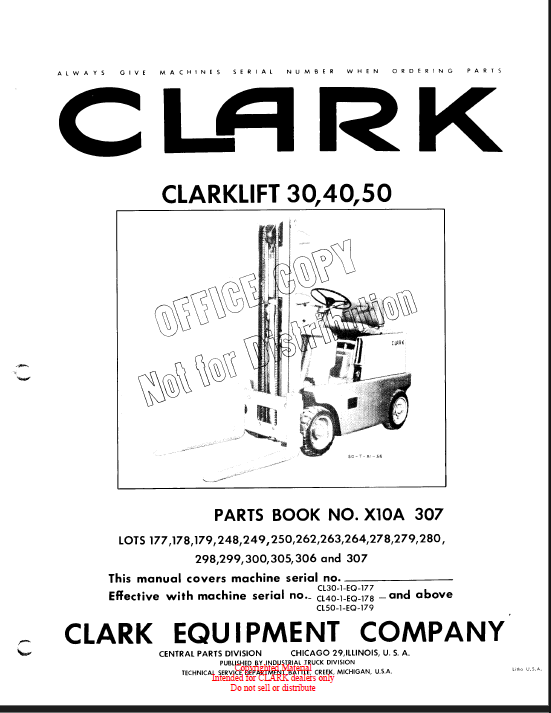 Clark Clarklift 30, 40, 50 Forklift Parts Manual (X10A)