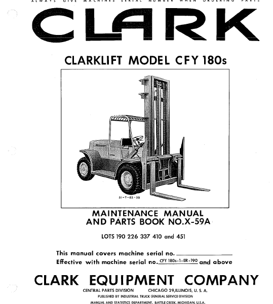 Clark Clarklift CFY180s Diesel Forklift Parts Manual (X59A)