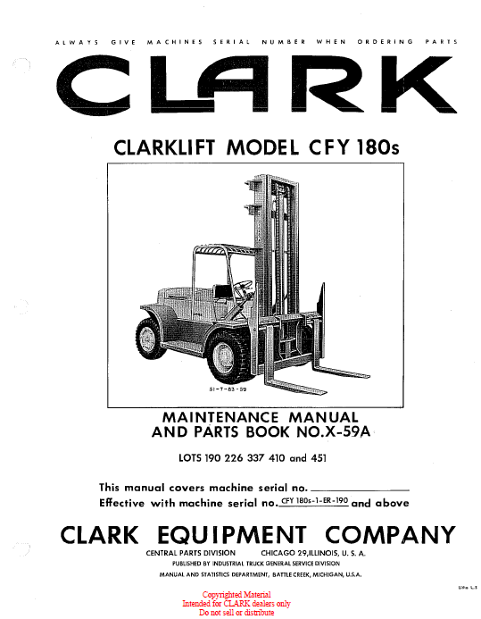 Clark Clarklift CFY180s Diesel Forklift Parts Manual (X59A)