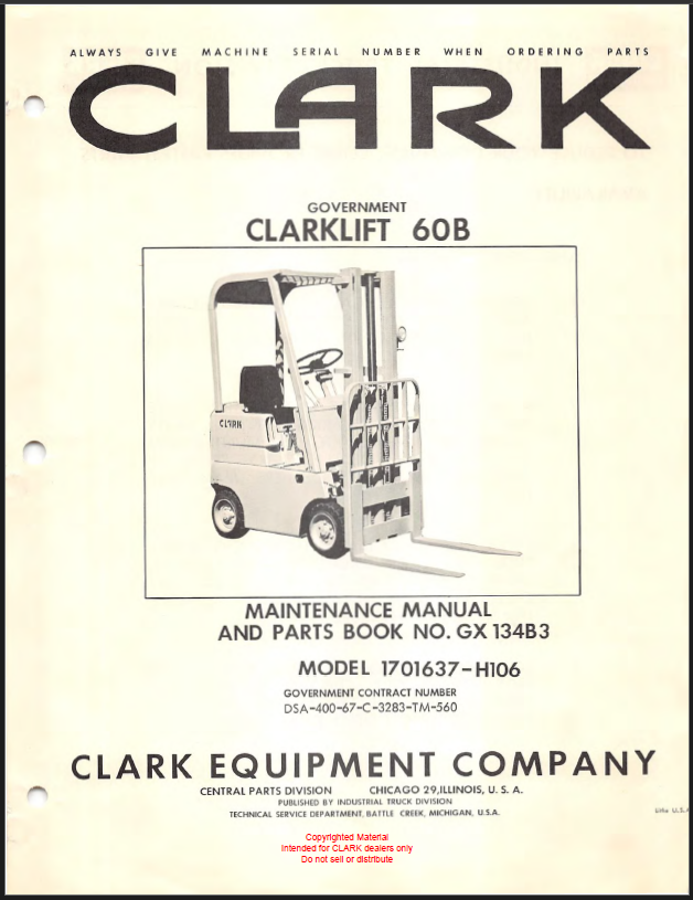 Clark Clarklift 60B Forklift Parts Manual (GX134B3)