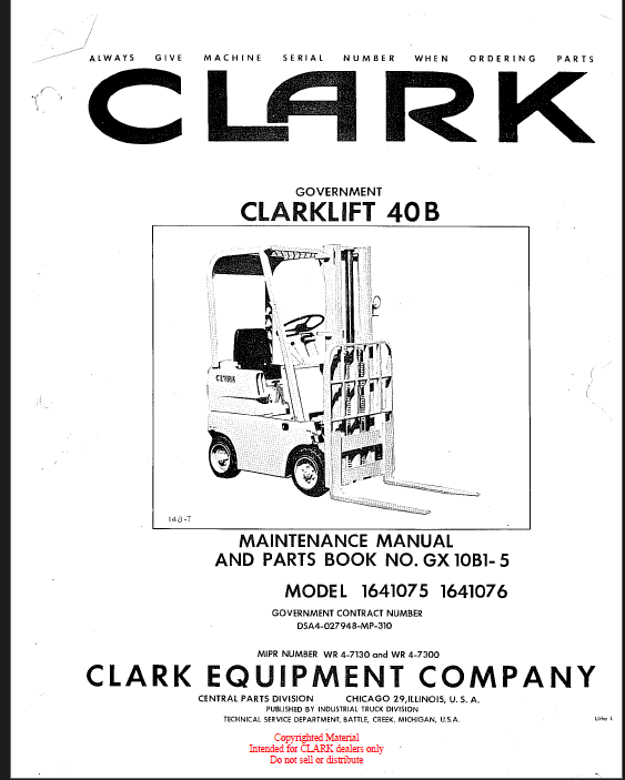 Clark Clarklift 40B Forklift Maintenance and Parts Manual (GX10B1-5_2)
